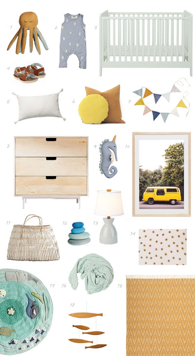 Summer-inspired nursery idea board with 100 Layer Cake-Let!