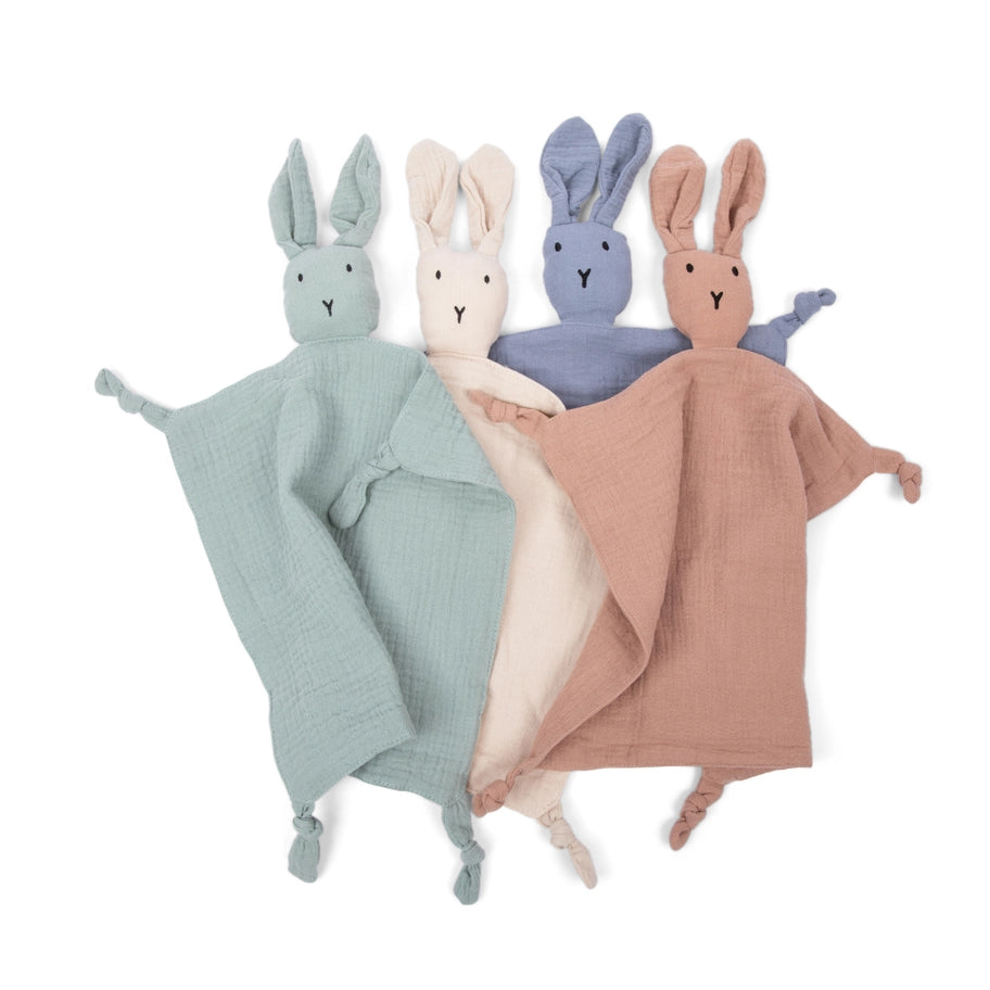 Bunny Lovey Blanket in Blue, white, pink and green on a white background