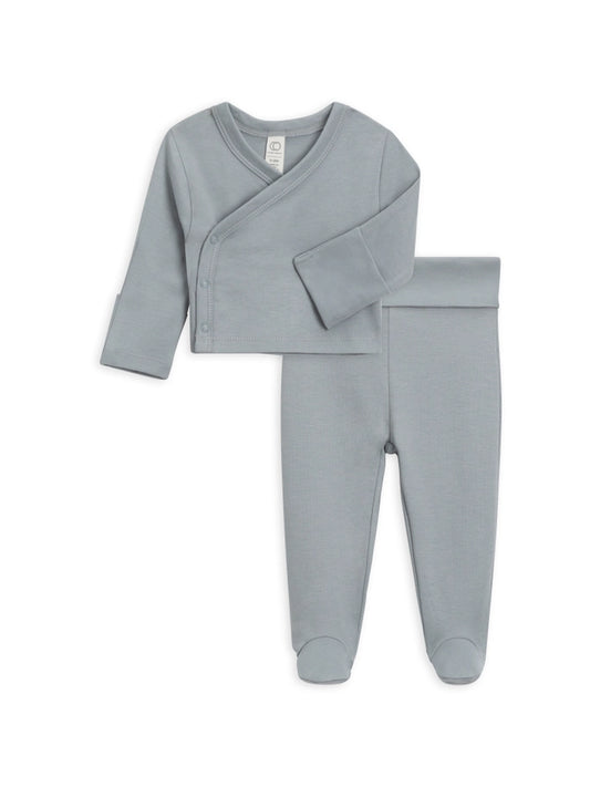 Organic Baby Kimono Wrap Top and Footed Pant Set in Mist on a white background