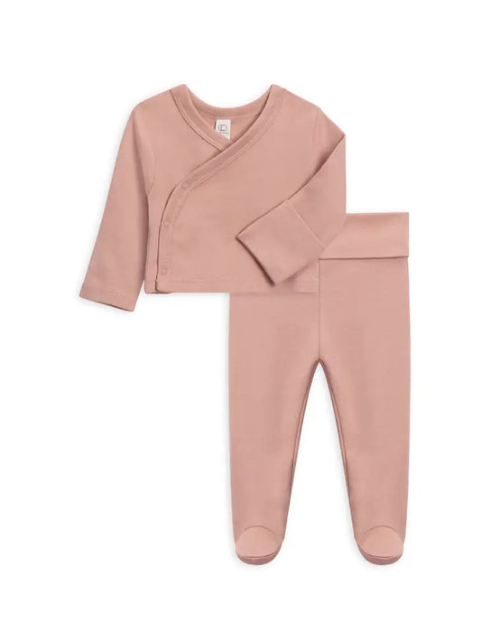 Organic Baby Kimono Wrap Top and Footed Pant Set in Blush on a white background