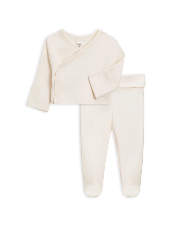 Organic Baby Kimono Wrap Top and Footed Pant Set in Ivory on a white background