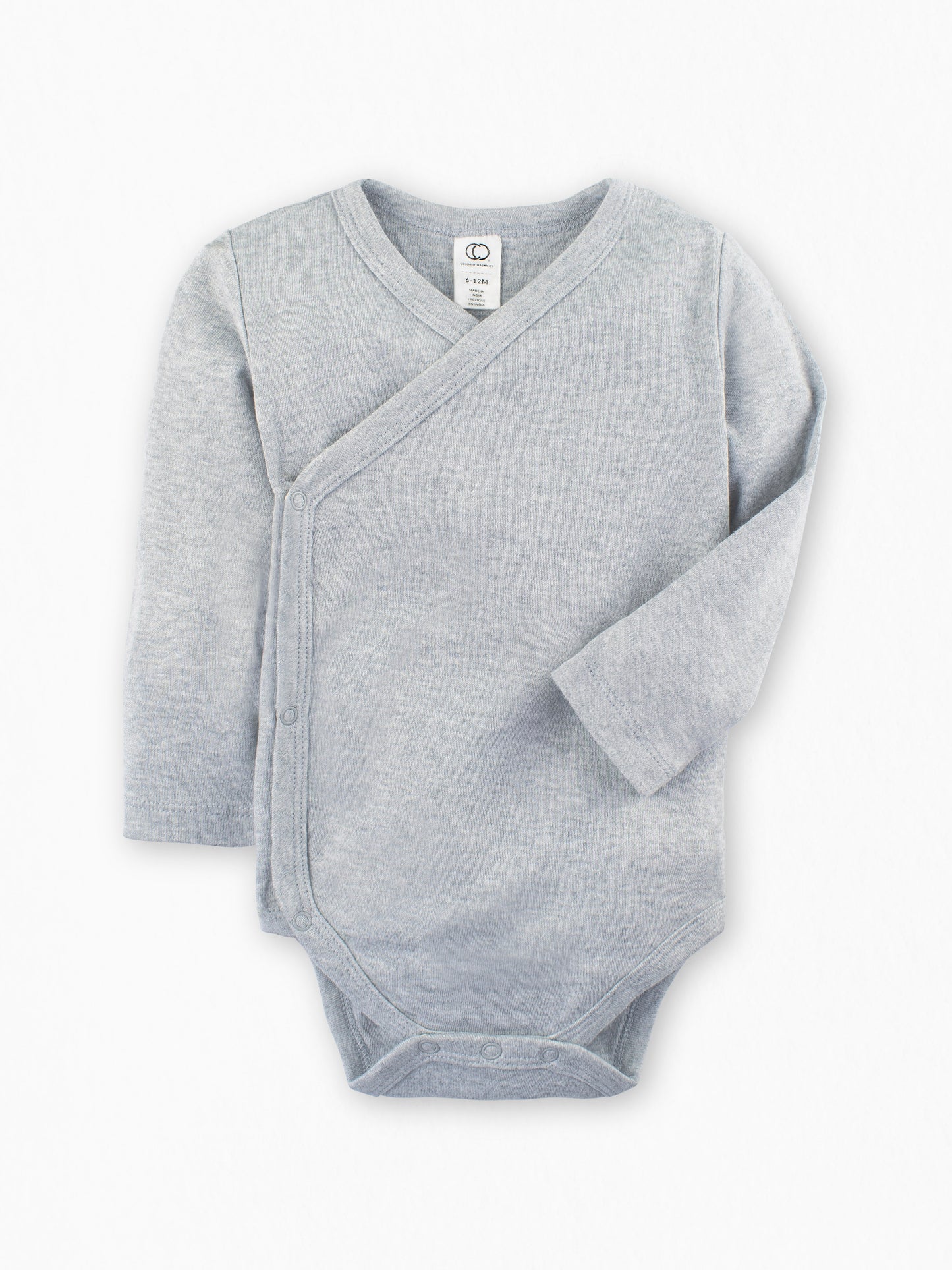 Unisex Organic Baby Kimono Bodysuit long sleeve in heather grey flat front